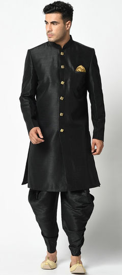 Black and Grey color Dhoti Sherwani in Dupion Silk fabric with Thread work