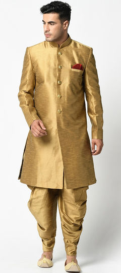 Gold color Dhoti Sherwani in Dupion Silk fabric with Thread work : 1764591