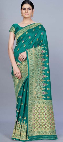 Blue color Saree in Banarasi Silk, Silk fabric with Weaving work