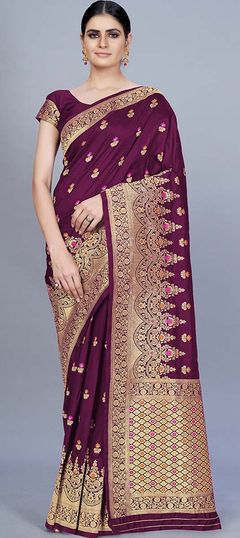 Purple and Violet color Saree in Banarasi Silk, Silk fabric with Weaving work