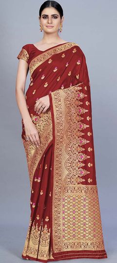 Red and Maroon color Saree in Banarasi Silk, Silk fabric with Weaving work