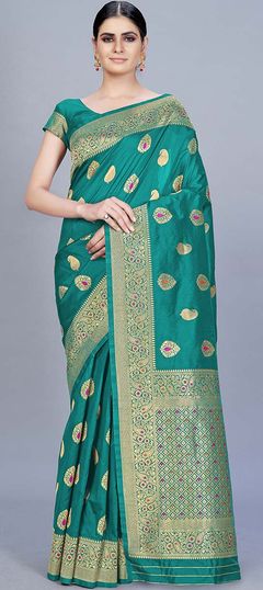 Blue color Saree in Banarasi Silk, Silk fabric with Weaving work