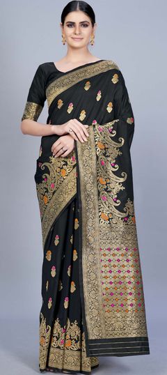 Black and Grey color Saree in Banarasi Silk, Silk fabric with Weaving work