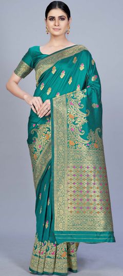 Blue color Saree in Banarasi Silk, Silk fabric with Weaving work