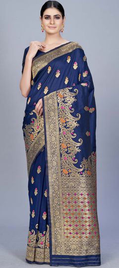 Blue color Saree in Banarasi Silk, Silk fabric with Weaving work
