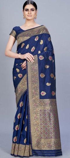 Blue color Saree in Banarasi Silk, Silk fabric with Weaving work