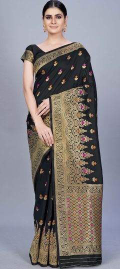 Black and Grey color Saree in Banarasi Silk, Silk fabric with Weaving work