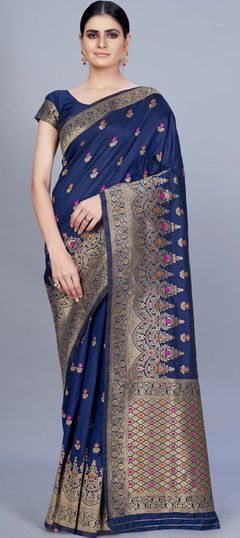 Blue color Saree in Banarasi Silk, Silk fabric with Weaving work