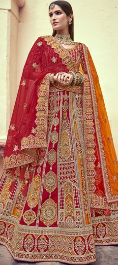 Red and Maroon color Lehenga in Art Silk fabric with Embroidered, Lace, Stone, Thread work