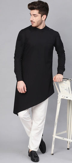 Black and Grey color Kurta Pyjamas in Cotton fabric with Thread work