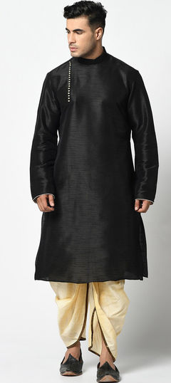 Black and Grey color Dhoti Kurta in Dupion Silk fabric with Thread work