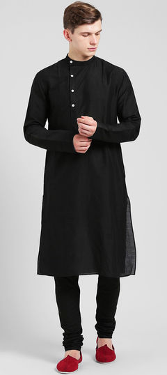 Black and Grey color Kurta Pyjamas in Cotton fabric with Thread work