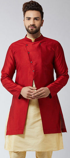 Beige and Brown color Kurta in Dupion Silk fabric with Thread work