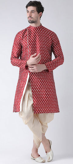 Red and Maroon color Dhoti Kurta in Dupion Silk fabric with Printed work