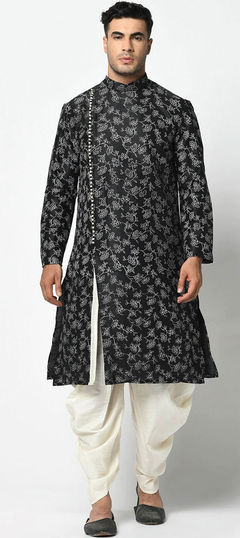 Black and Grey color Dhoti Kurta in Dupion Silk fabric with Printed work