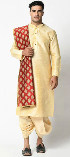 Gold color Dhoti Kurta in Dupion Silk fabric with Printed work