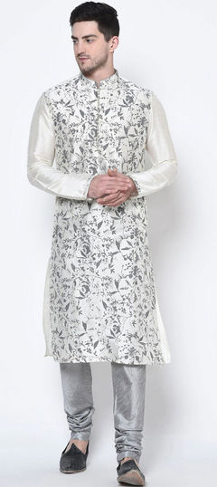 White and Off White color Kurta Pyjamas in Dupion Silk fabric with Printed work