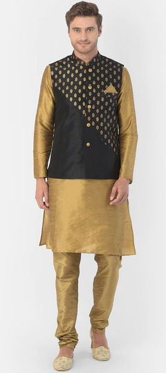 Gold color Kurta Pyjama with Jacket in Dupion Silk fabric with Printed work