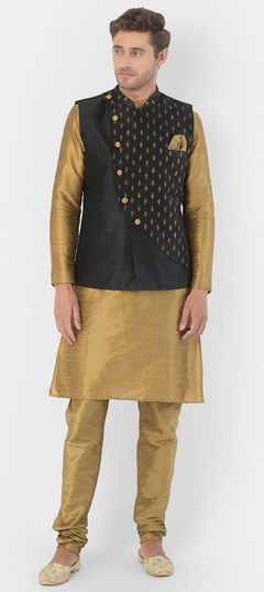 Gold color Kurta Pyjama with Jacket in Dupion Silk fabric with Printed work