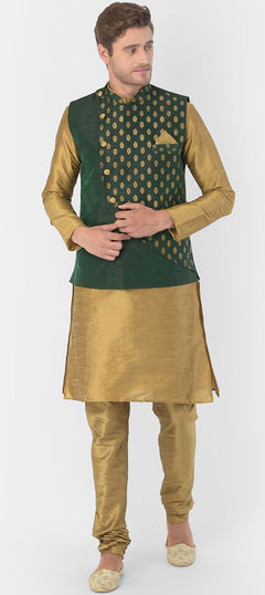 Gold color Kurta Pyjama with Jacket in Dupion Silk fabric with Printed work