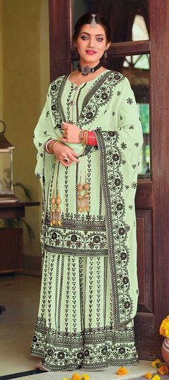 Green color Salwar Kameez in Faux Georgette fabric with Embroidered, Resham, Thread work