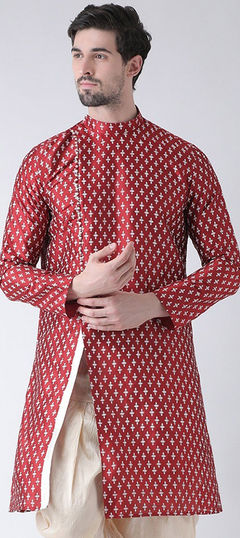 Red and Maroon color Kurta in Dupion Silk fabric with Printed work