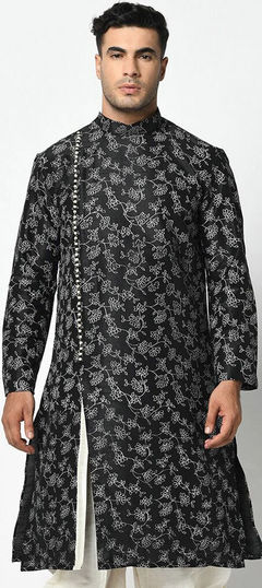 Black and Grey color Kurta in Dupion Silk fabric with Printed work