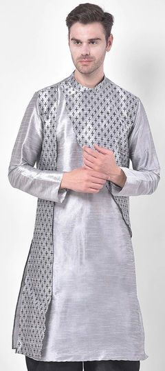 Black and Grey color Kurta in Dupion Silk fabric with Printed work