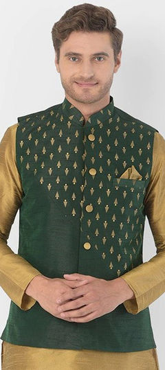 Green color Nehru Jacket in Dupion Silk fabric with Printed work