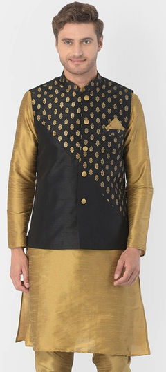 Black and Grey color Nehru Jacket in Dupion Silk fabric with Printed work