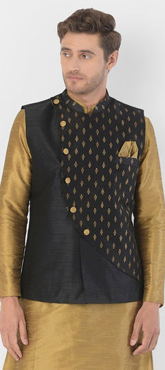 Black and Grey color Kurta in Dupion Silk fabric with Printed work