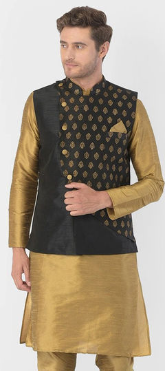 Black and Grey color Kurta in Dupion Silk fabric with Printed work