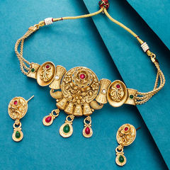 Green, Red and Maroon color Necklace in Copper studded with CZ Diamond, Pearl & Gold Rodium Polish : 1765599