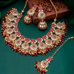 Gold Rodium Polish Red and Maroon, White and Off White color Necklace in Metal Alloy studded with CZ Diamond, Kundan, Pearl