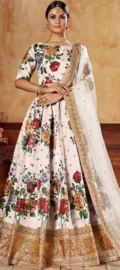 Beige and Brown color Lehenga in Art Silk fabric with Digital Print, Embroidered, Floral, Moti, Sequence work