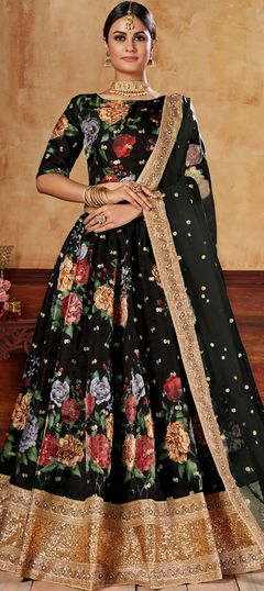 Black and Grey color Lehenga in Art Silk fabric with Digital Print, Embroidered, Floral, Moti, Sequence work