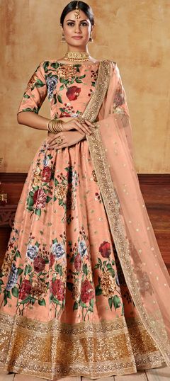 Pink and Majenta color Lehenga in Art Silk fabric with Digital Print, Embroidered, Floral, Moti, Sequence work