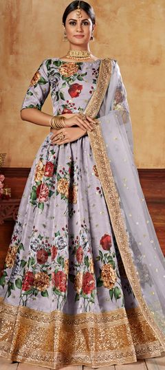 Black and Grey color Lehenga in Art Silk fabric with Digital Print, Embroidered, Floral, Moti, Sequence work