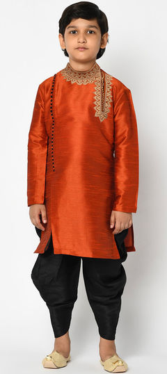 Orange color Boys Dhoti Kurta in Dupion Silk fabric with Embroidered, Thread work : 1765981