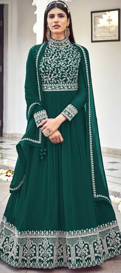 Green color Salwar Kameez in Faux Georgette fabric with Embroidered, Sequence, Thread work