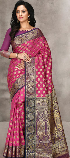 Traditional, Wedding Pink and Majenta color Saree in Kanchipuram Silk, Silk fabric with South Stone, Weaving work : 1766603