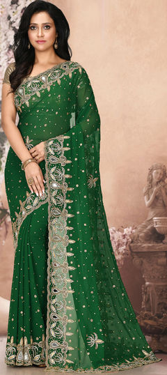 Green color Saree in Georgette fabric with Cut Dana, Mirror, Stone, Weaving work