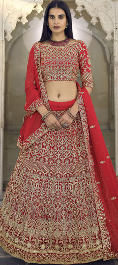 Bridal, Wedding Red and Maroon color Lehenga in Organza Silk, Silk fabric with A Line Thread, Zari work : 1766756