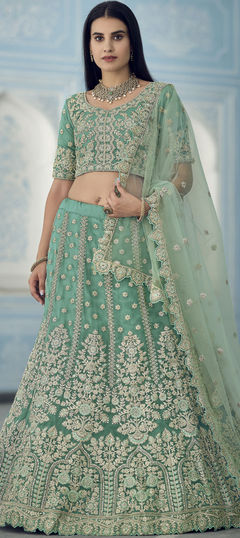 Bridal, Wedding Green color Lehenga in Organza Silk fabric with A Line Sequence, Zari, Zircon work : 1766764