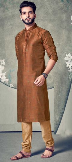 Beige and Brown color Kurta Pyjamas in Poly cotton fabric with Digital Print work