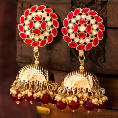 Gold Rodium Polish Red and Maroon color Earrings in Metal Alloy studded with Kundan