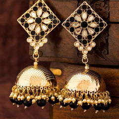 Gold Rodium Polish Black and Grey color Earrings in Metal Alloy studded with Kundan