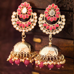 Gold Rodium Polish Pink and Majenta color Earrings in Metal Alloy studded with Kundan