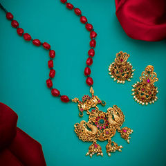 Gold Rodium Polish Multicolor color Necklace in Copper studded with Kundan