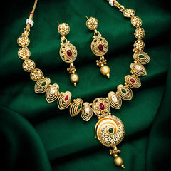 Gold Rodium Polish Green, Red and Maroon color Necklace in Copper studded with Kundan